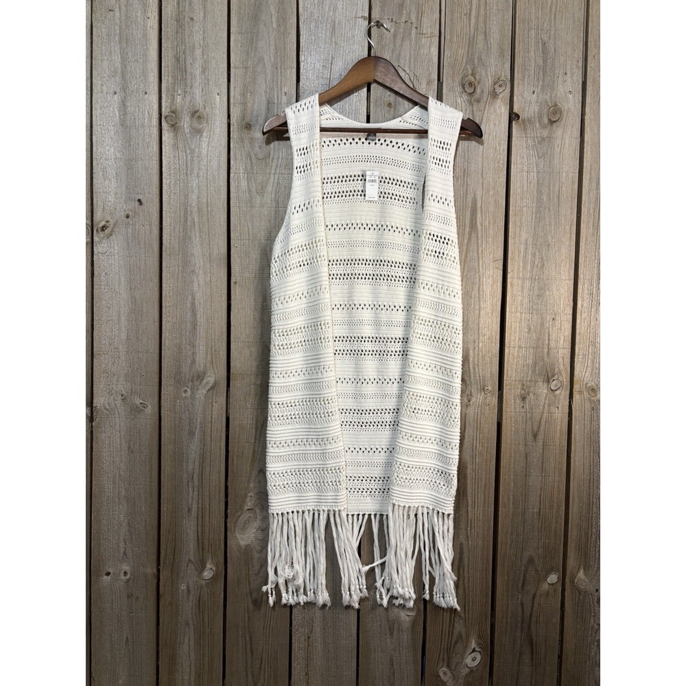 Aerie Ivory Crochet Fringe Vest Open‎ Front Boho Cotton Women's XS NWT